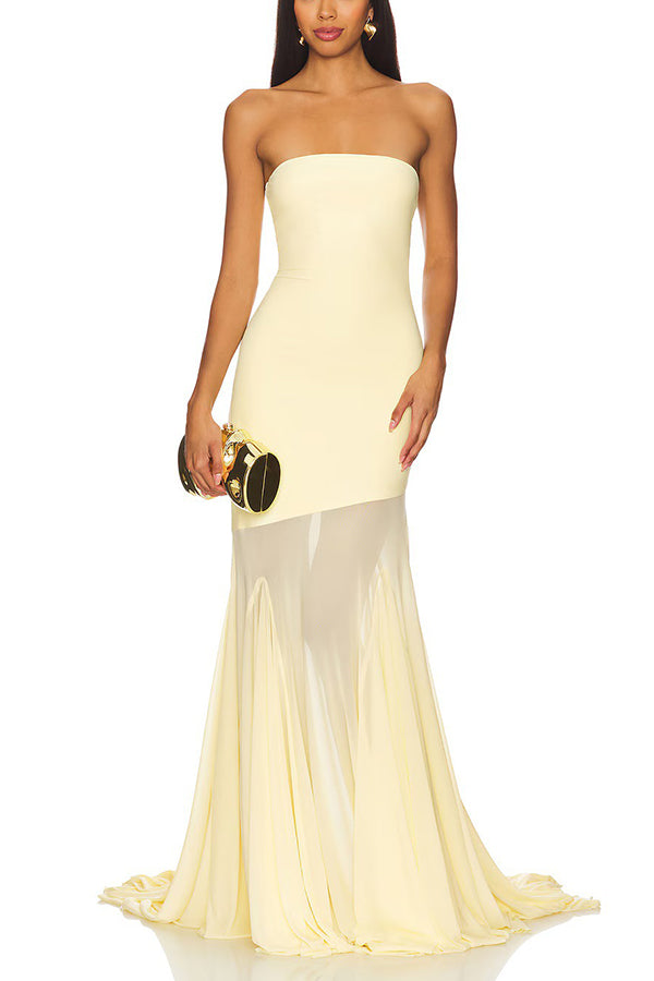 Solid Color Sleeveless Off-shoulder Mesh-paneled Fitted Maxi Dress