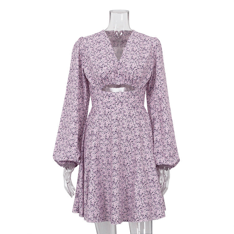 Long Sleeve V neck pirational Design Dress Slimming Printed French Dress