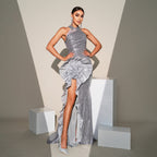 Silver  Flower Embellished Halter High Split Event Dress