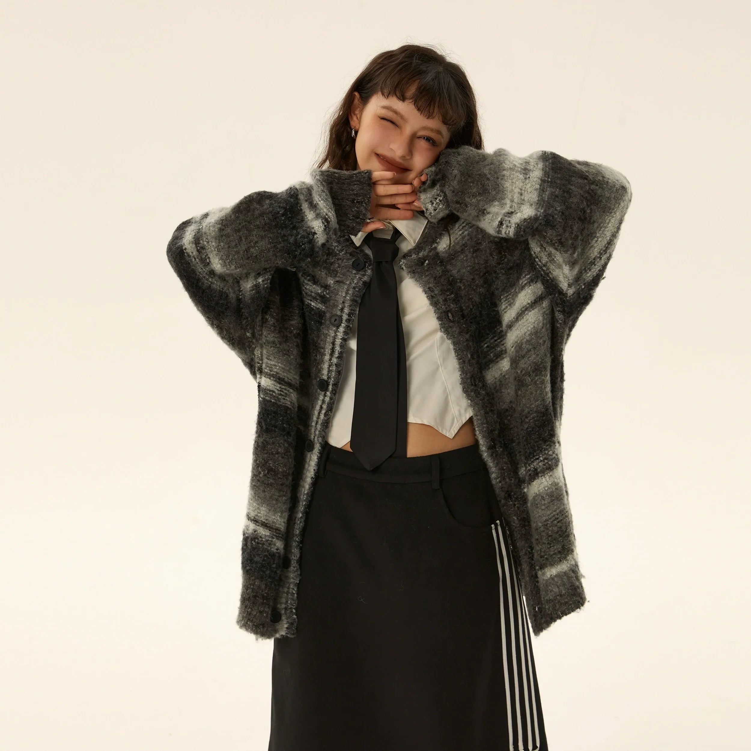 Oversized Fuzzy Striped Button-Up Cardigan