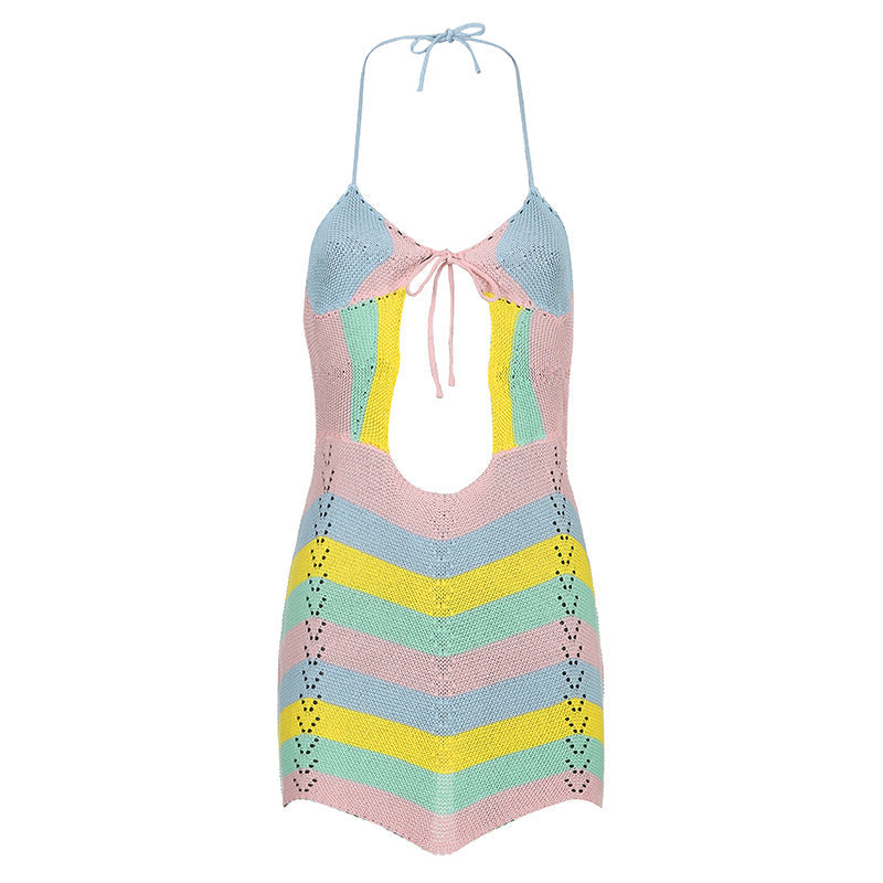 Knit Halter Neck Tie Front Cut Out Mini Dress