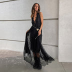 Lace Deep V-Neck Fringe Trim Tiered Scalloped Hem Maxi Dress