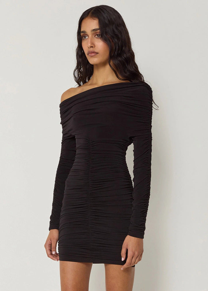 Asymmetric Off Shoulder Ruched Long Sleeve Bodycon Mini Dress