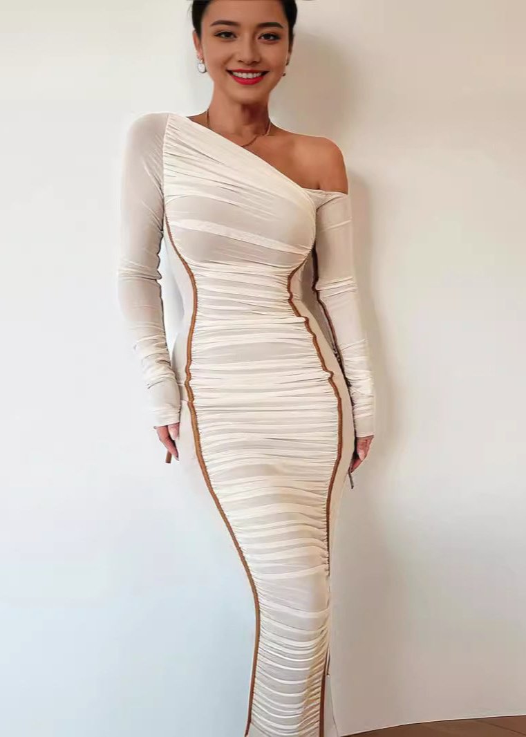 One Shoulder Long Sleeve Ruched Mesh Bodycon Midi Dress