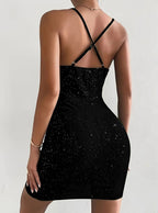 Spaghetti Strap Cowl Neck Glitter Ruched Bodycon Mini Dress