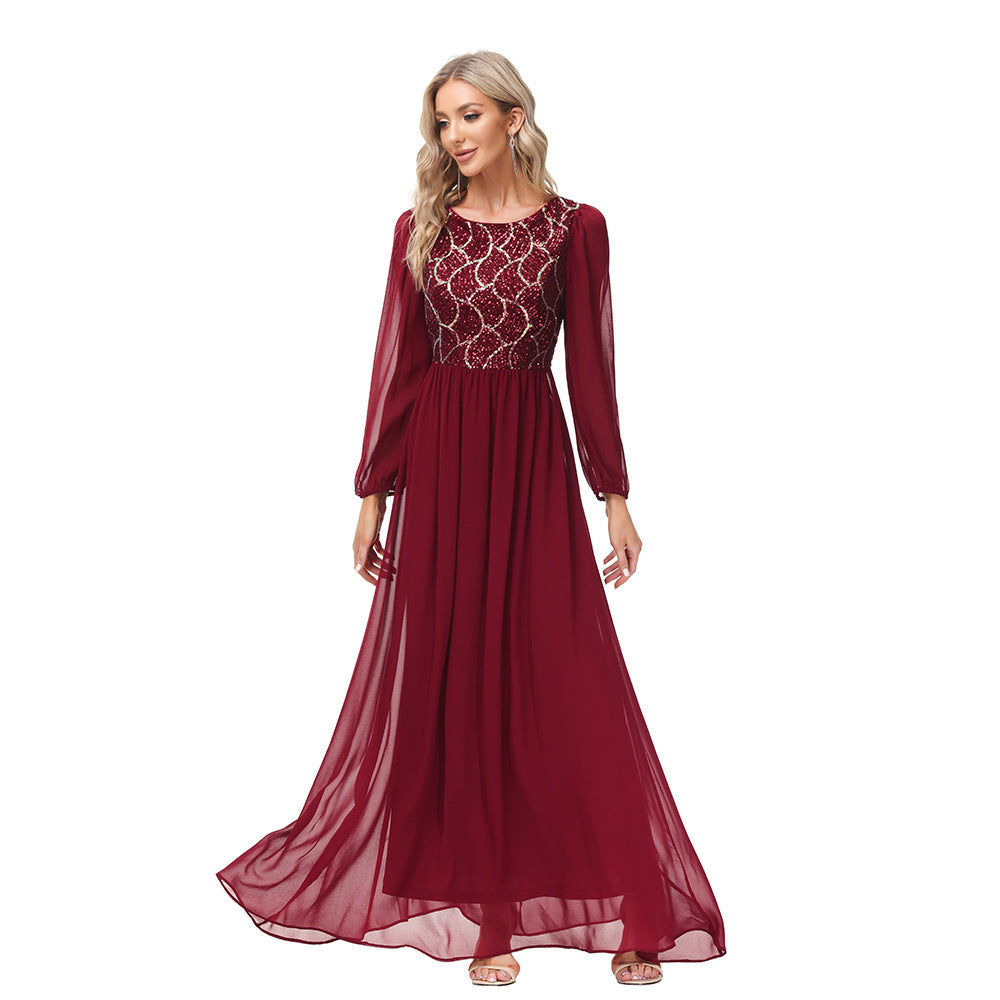 Long Sleeve Chiffon Stitching Sequ Toast Dress A line Large Hem round Neck V Back Fully Lined Elegant Evening Dress