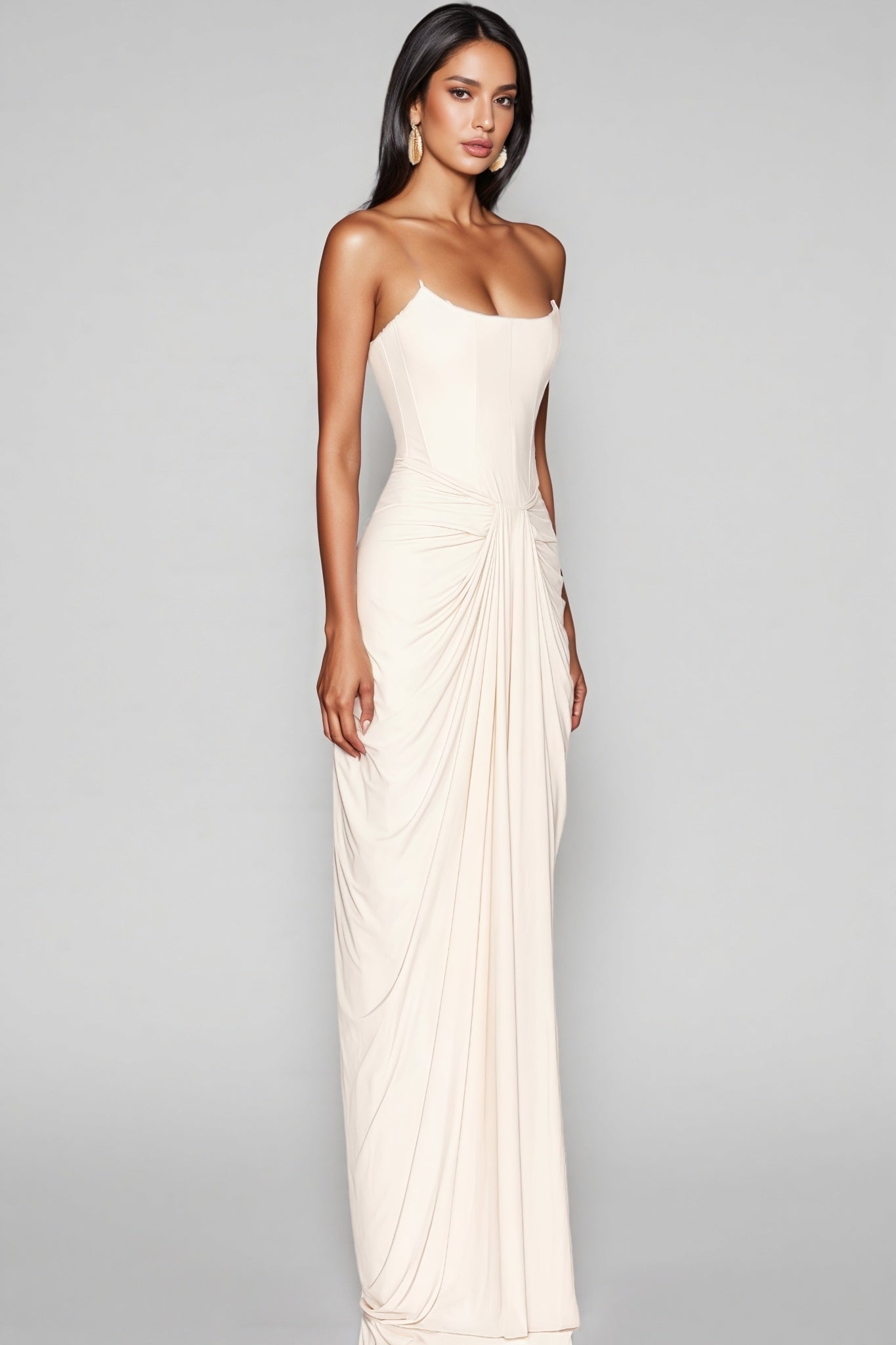 Tovarl White Plunge Fishbone Maxi Dress