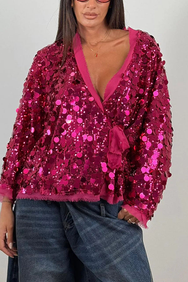 Fashion Sequined Long-sleeved V-neck Loose Lace-up Cardigan