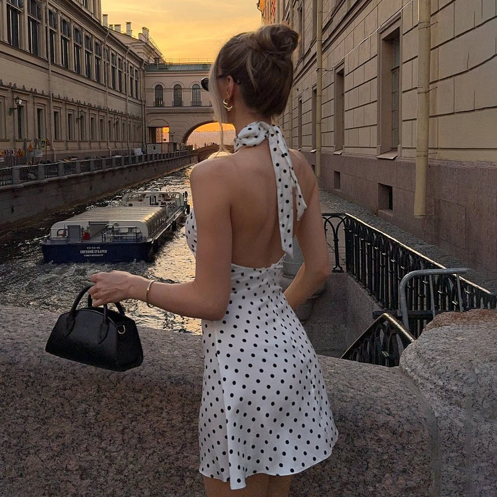 Halter High Neck Polka Dot Satin Fit and Flare Mini Dress