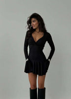 Deep V-Neck Twist Front Knot Long Sleeve Pleated Ruffle Mini Dress