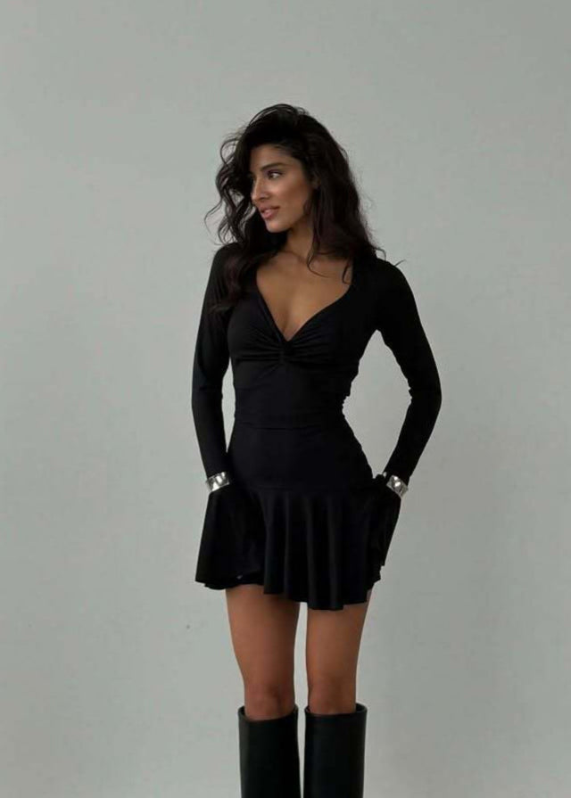 Deep V-Neck Twist Front Knot Long Sleeve Pleated Ruffle Mini Dress