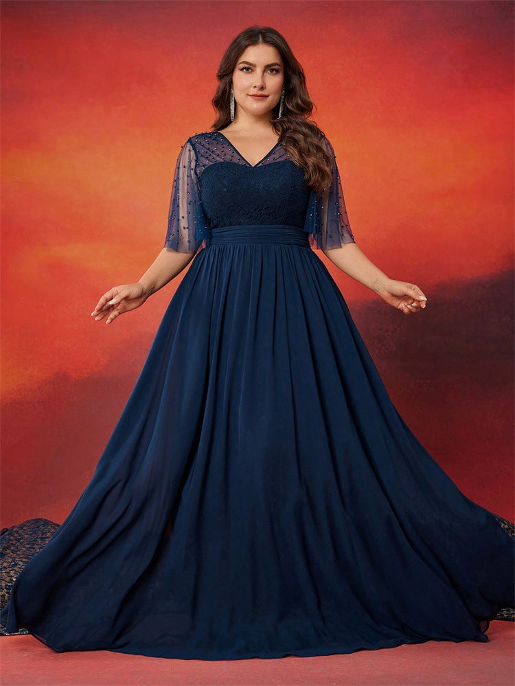 Beaded Lace Chiffon Short Sleeve V Neck Formal Gown