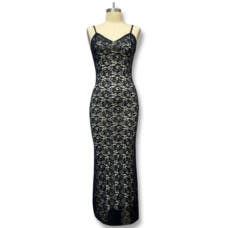 Deep V-Neck Floral Lace Spaghetti Strap Column Maxi Dress