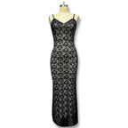 Deep V-Neck Floral Lace Spaghetti Strap Column Maxi Dress