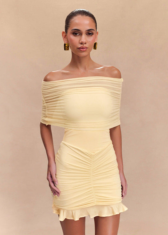 Off Shoulder Ruched Mesh Overlay Ruffle Hem Bodycon Mini Dress
