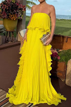 Reina Chiffon Pleated Wavy Ruffles Trim Strapless Loose Maxi Dress