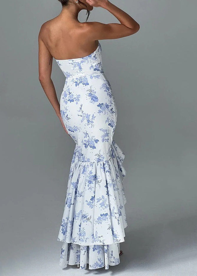 Strapless Floral Print Cascading Ruffle High Low Slit Maxi Dress