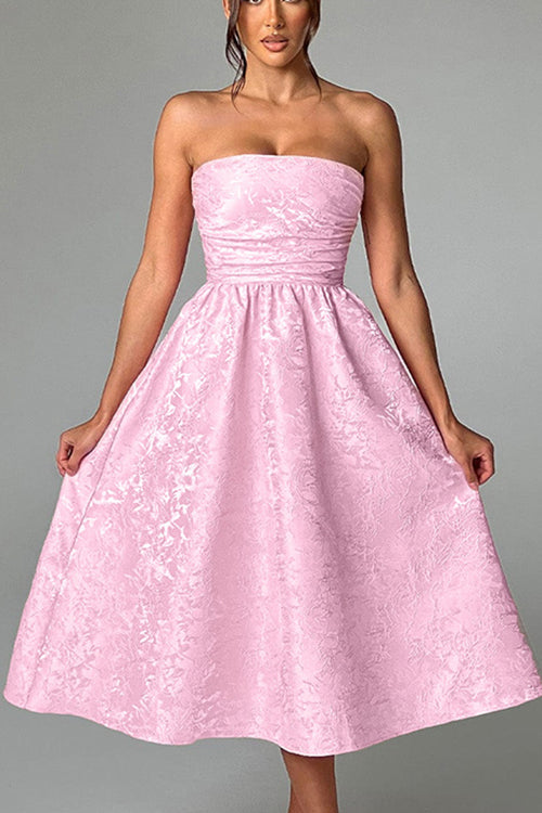 Jacquard Fabric Strapless Open Back Elegant Slim Midi Dress