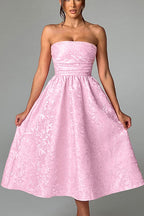 Jacquard Fabric Strapless Open Back Elegant Slim Midi Dress