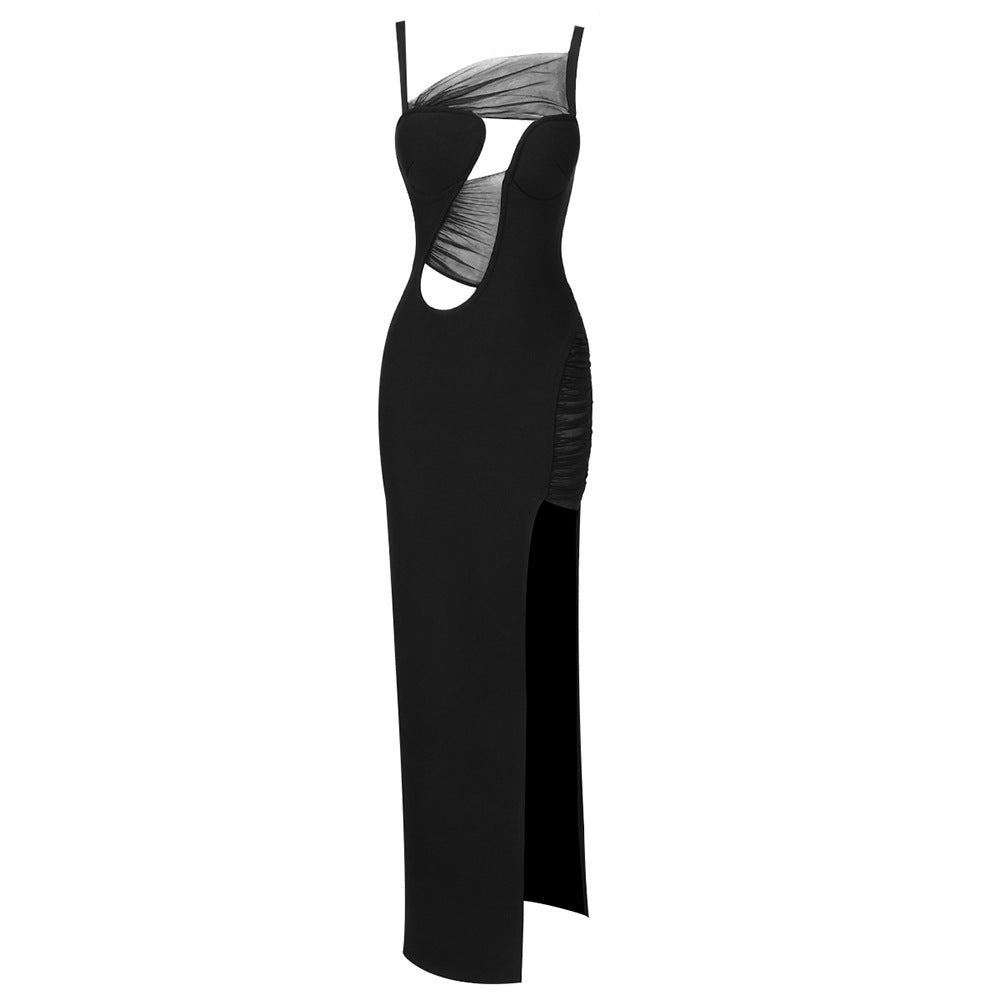 Black Low Elastic Mesh Mini Dress Strap Maxi Dress