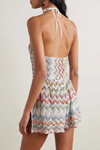 Juney Knit Colorful Zigzag Pattern Halter Neck Slit Wide Leg Loose Romper