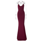 Satin Deep V-Neck Spaghetti Strap Lace Up Side Bodycon Maxi Dress