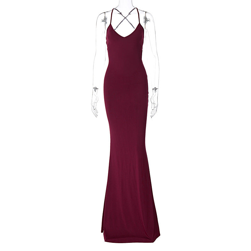 Satin Deep V-Neck Spaghetti Strap Lace Up Side Bodycon Maxi Dress