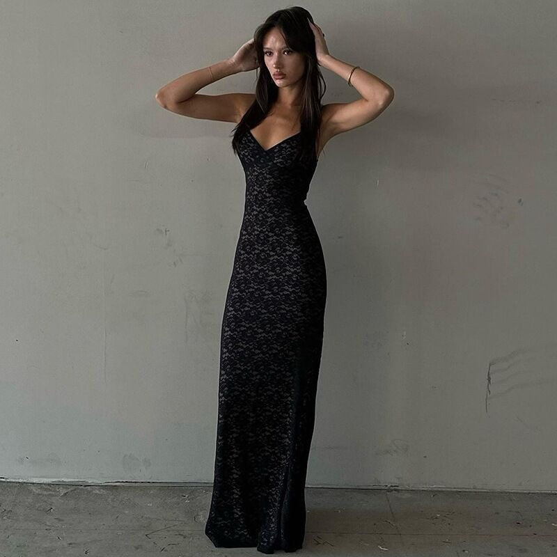 Deep V-Neck Floral Lace Spaghetti Strap Column Maxi Dress