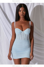 Mesh Panel Corset Sweetheart Spaghetti Strap Ruched Bodycon Mini Dress