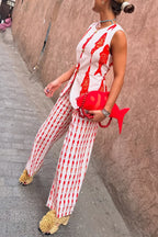 Good Luck Linen Blend Koi Pattern High Rise Elastic Waist Loose Pants
