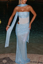 Kailani Sequin Strapless Mesh Cutout Waist Ruched Scarf Maxi Dress