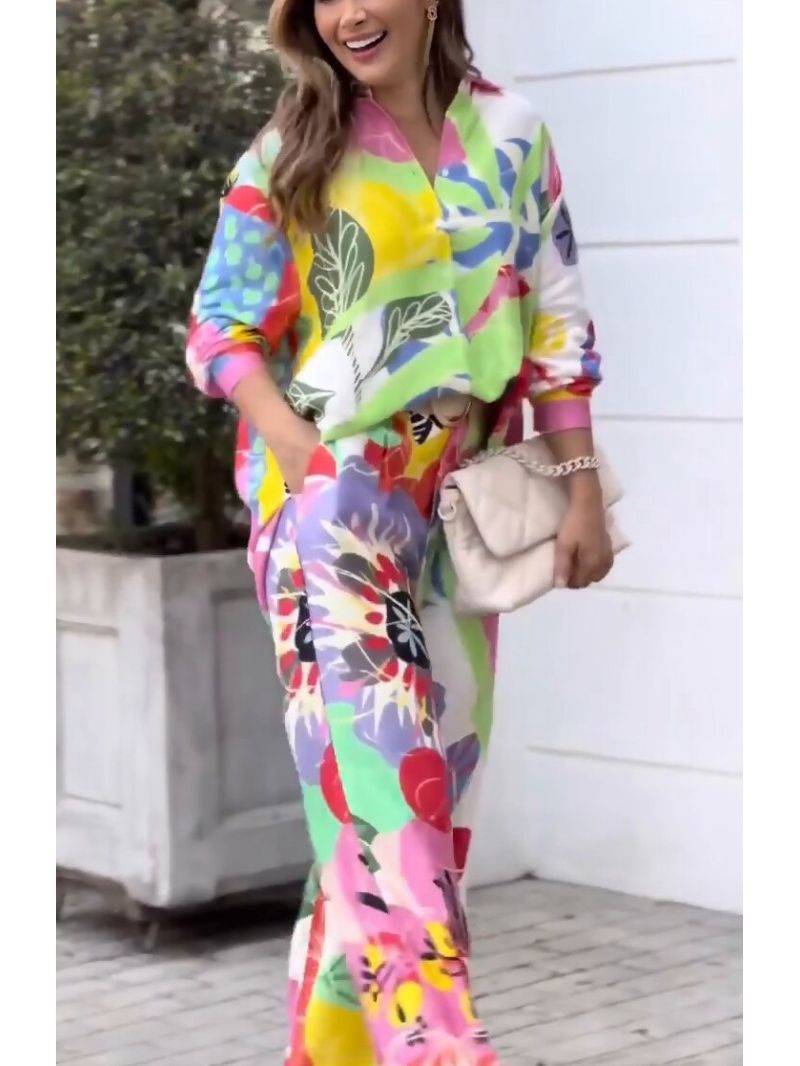Office Long Sleeve Loose Shirt High Waist Wide Leg Pants Women Set