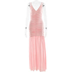 Spaghetti Strap Deep V Ruched Bodice Pleated Chiffon Trumpet Maxi Dress