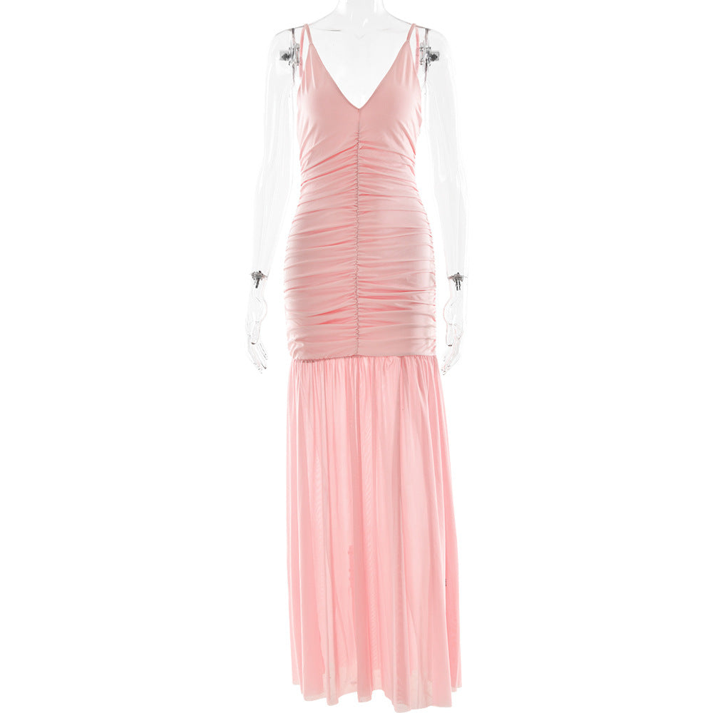 Spaghetti Strap Deep V Ruched Bodice Pleated Chiffon Trumpet Maxi Dress