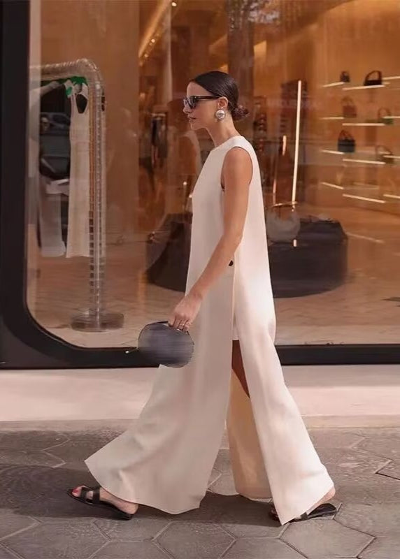 High Neck Side Button Thigh Slit Sleeveless Maxi Dress