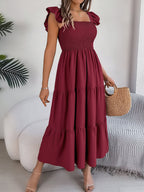 Ruffle Off The Shoulder Embroidered Floral Tiered Maxi Dress - Wine Red