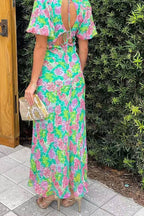 Floral Print V-neck Puff Sleeve Open-back Maxi Dress