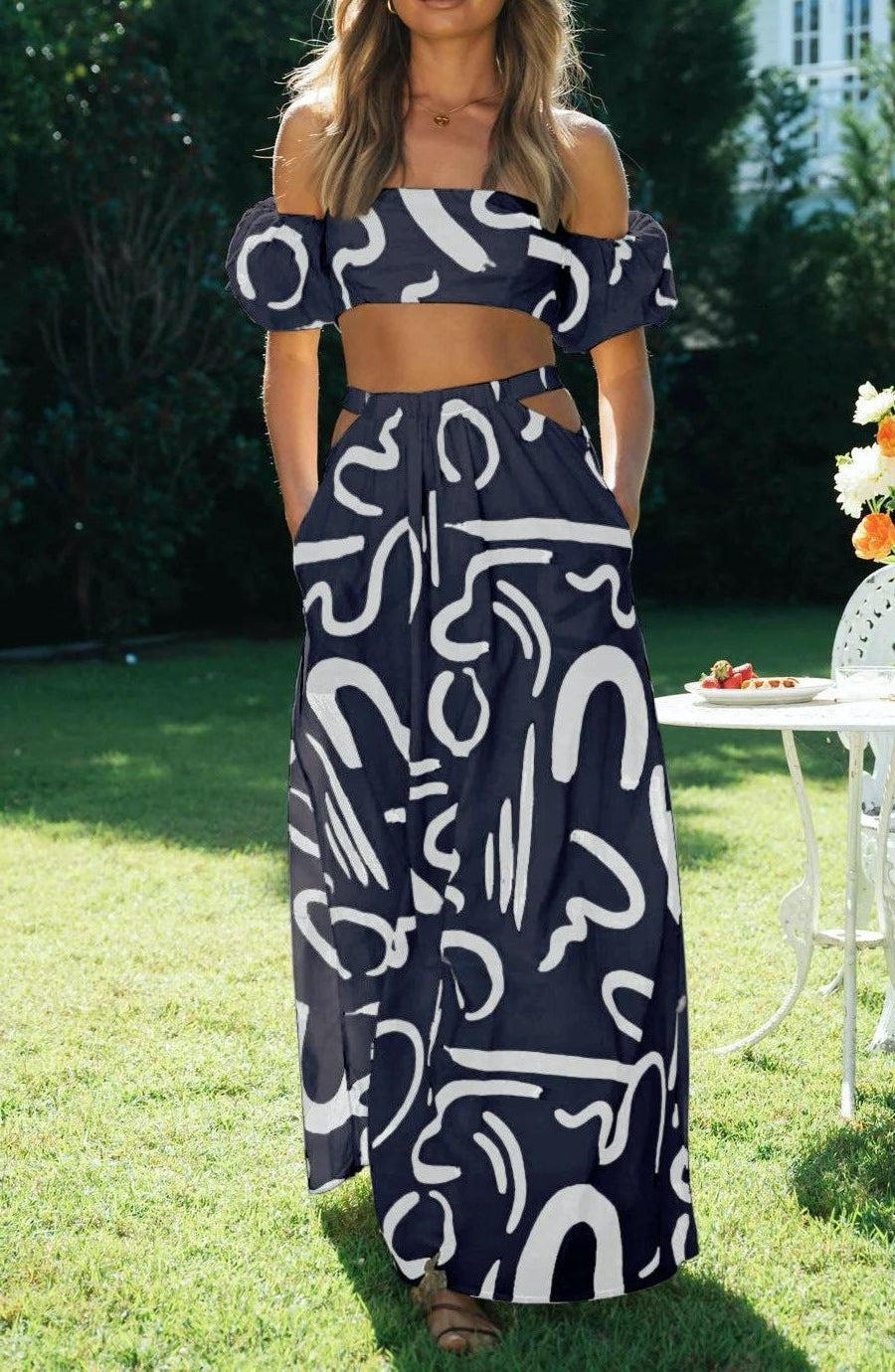 Summer Puff Sleeves Sexy Printed Set