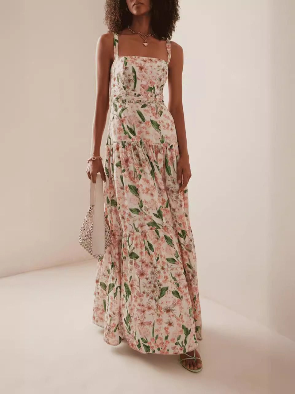 Square Neck Wide Strap Tiered Floral Print A-Line Maxi Dress