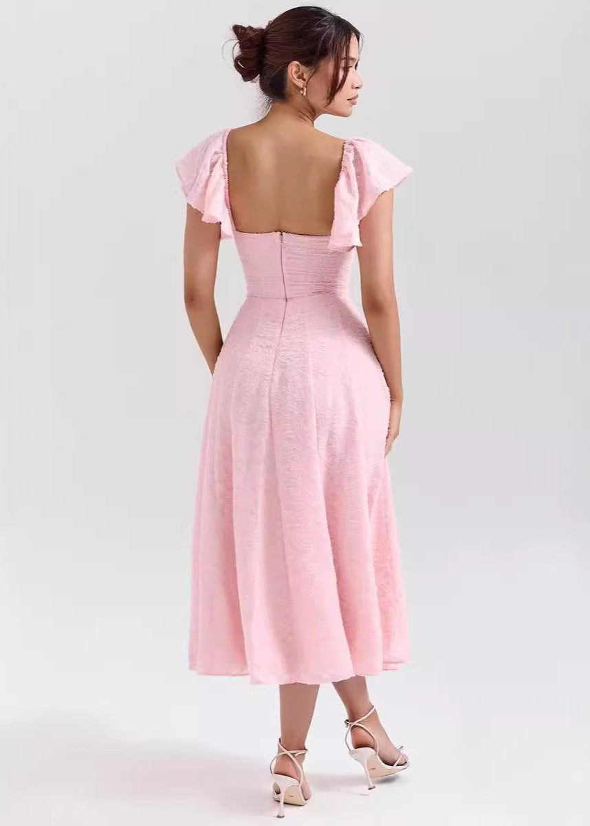Floral Jacquard Flutter Sleeve Sweetheart Ruched Bodice A-Line Midi Dress
