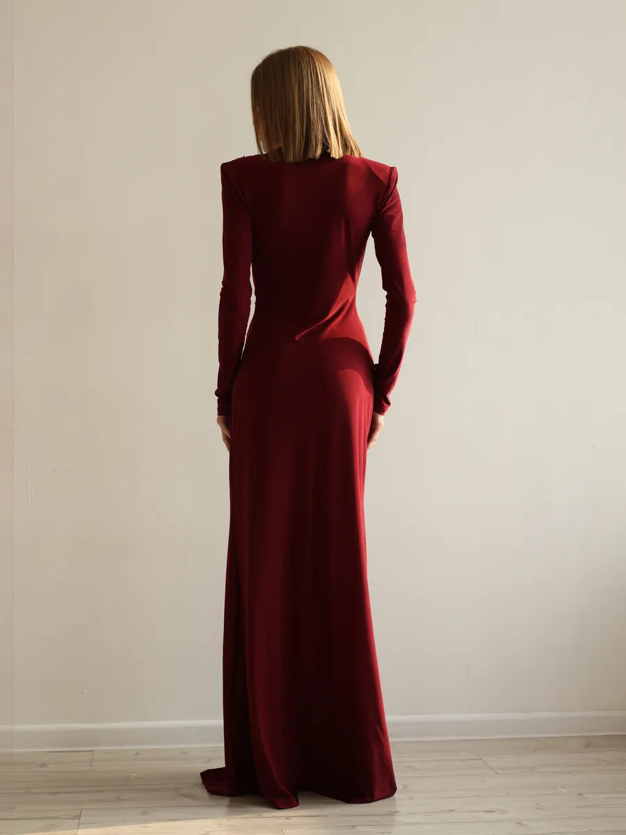 Deep V-Neck Ruched Long Sleeve Floor Length Maxi Dress