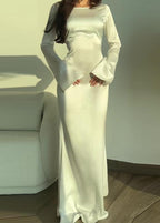 Satin Crew Neck Bell Sleeve Column Maxi Dress