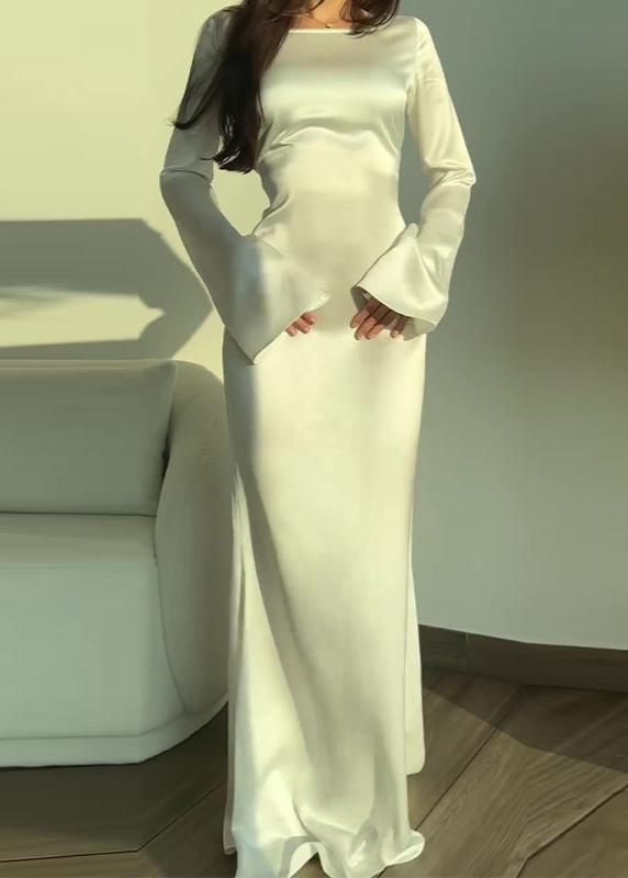 Satin Crew Neck Bell Sleeve Column Maxi Dress