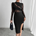 Lace Sleeve Mock Neck Cut Out High Split Bodycon Midi Dress