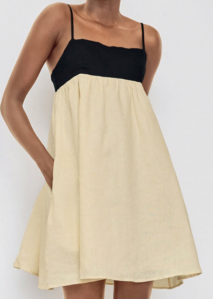 Contrast Band Spaghetti Strap Empire Waist Linen A-Line Mini Dress