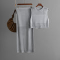 Slim Hollow Out Cutout Sleeveless Vest Summer Knitted Slit Skirt Two Piece Set