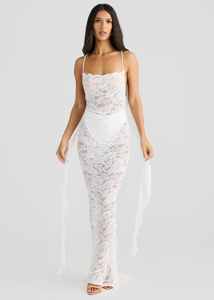 Lace Spaghetti Strap Square Neck Bow Back Streamer Bodycon Maxi Dress