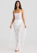 Lace Spaghetti Strap Square Neck Bow Back Streamer Bodycon Maxi Dress