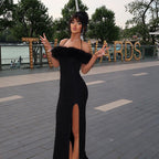Halter neck fur sleeveless elegant slit dress