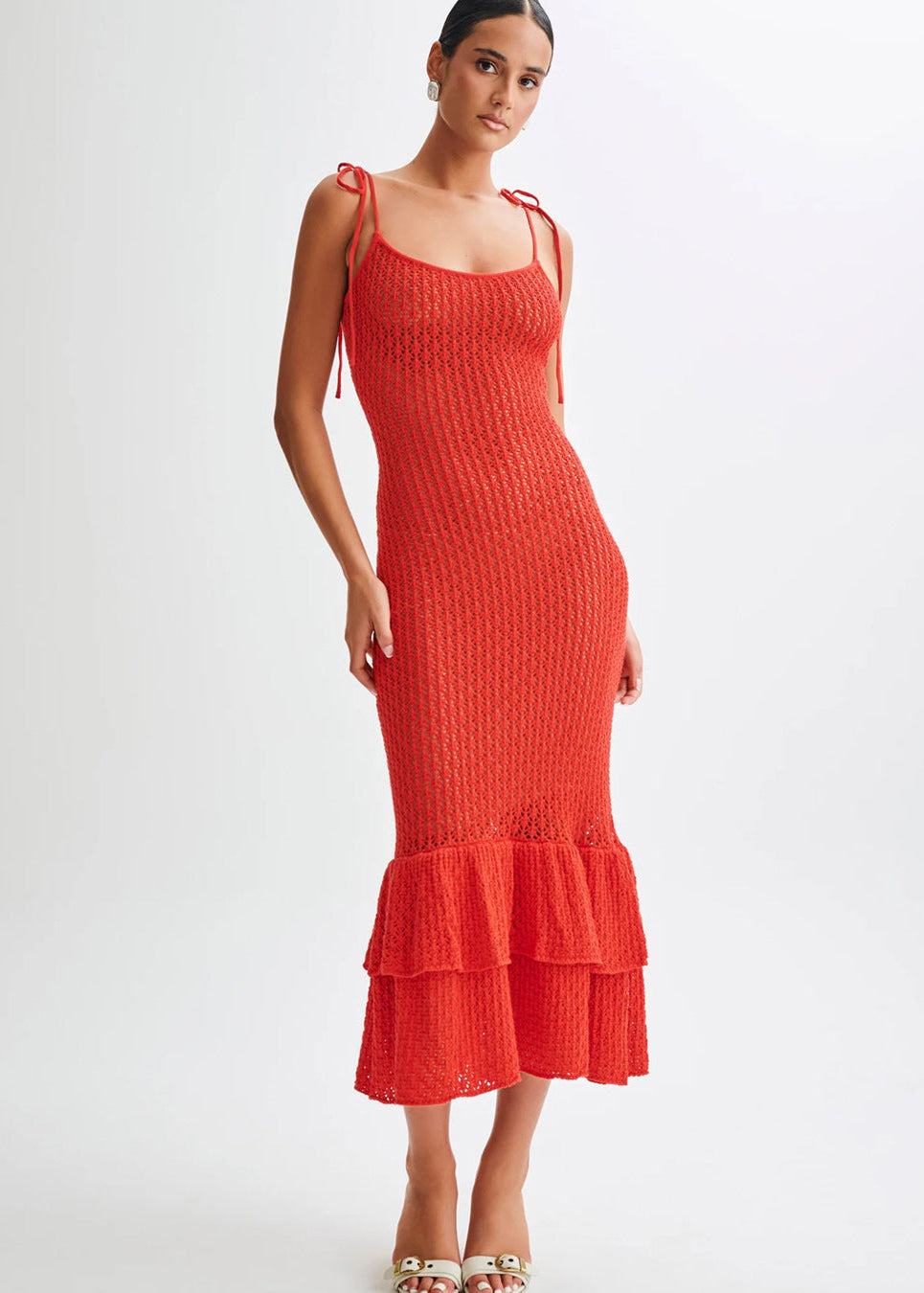 Scoop Neck Tie Strap Crochet Knit Tiered Ruffle Trumpet Midi Dress